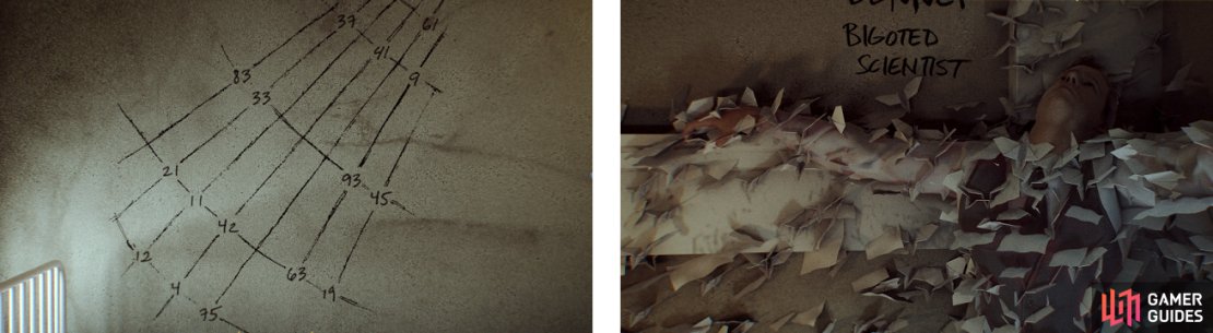Inside Celia&rsquo;s place, you can find some webs with numbers drawn on the walls (left), as well as some other things, like a dead body (right).