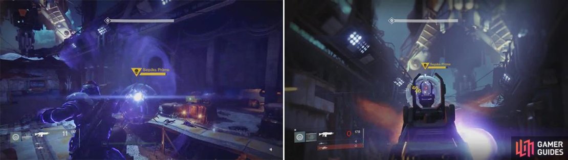 Once Sepiks Prime&rsquo;s shields are down, unleash with Specials (left). As with all Servitors, shooting the eye offers critical damage (right).