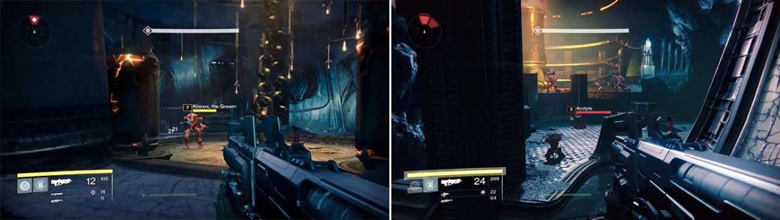 Kranox (left) holds the key to The World&rsquo;s Grave. In the final room, the enemies are kneeling in prayer (right) so you can sneak up on them. Lob a grenade in their midst.