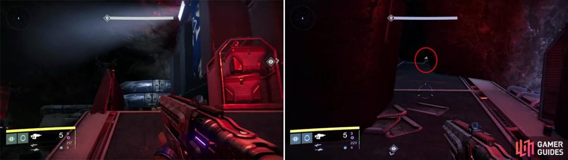 At the massive gate to Legion&rsquo;s Keep, jump onto the large pipes here (left). Jump across to the other side and the chest will be right in the corner.