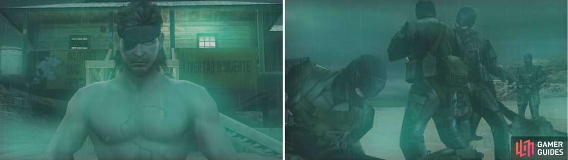 We got Big Boss (Naked Snake) on the left side with his snake-like scar left by The Boss and his patch on the right eye and his army (Militaires Sans Fronti&egrave;res) training on the right.