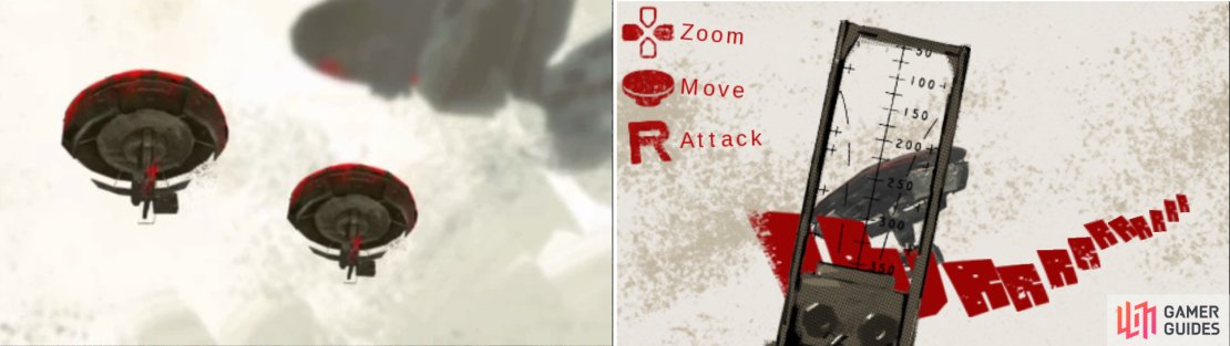 During the scene you&rsquo;ll have to shoot down 2 hovercrafts (left picture). Aim at them carefully and shoot them down (right picture).