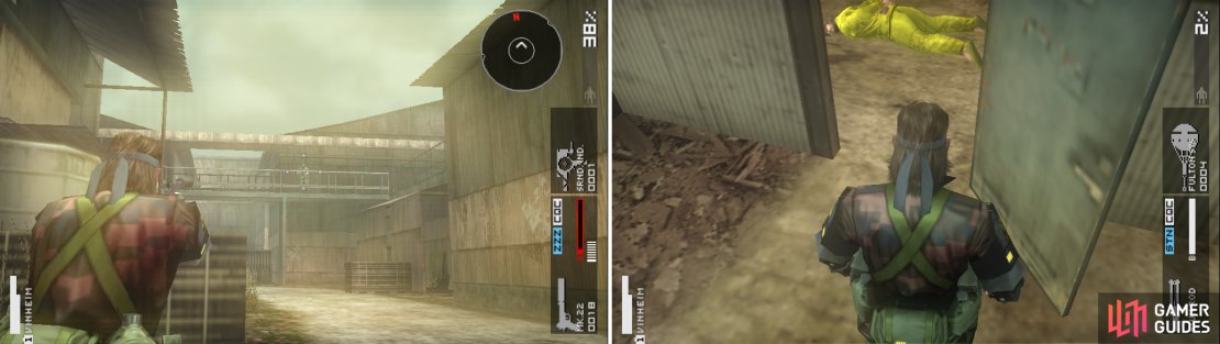 Be careful of the enemies watching from the catwalks above (left picture). There&rsquo;s a POW in an alcove here. Don&rsquo;t miss him!