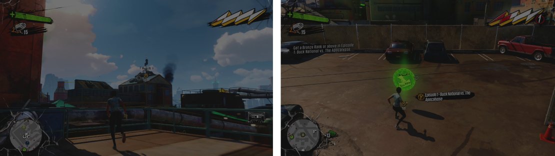Make your way to Buck&rsquo;s place in the distance (left). Then head over and interact with the Challenge icon (right) to continue.