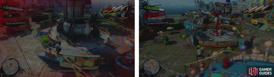 Use the wires around the area to clear out Spaceship &rsquo;Murica (left), the Ferris Wheel and the Comet Ride (right).