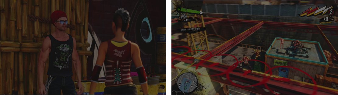 Speak to Jess to start the mission (left) and then clear the construction site of hostiles (right)&hellip;twice!