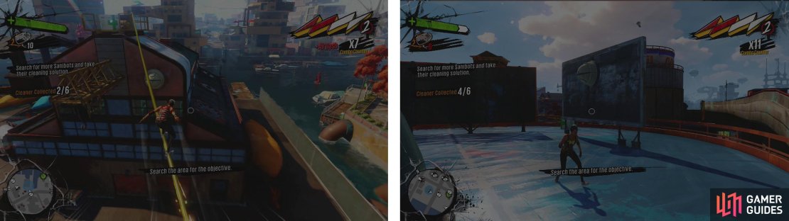 The third bag is in a tree (left) and you&rsquo;ll have to clear a courtyard of enemies for the fellow to give you the fourth (right).
