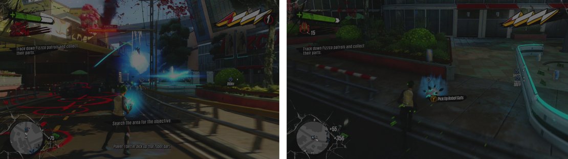 during this mission, you&rsquo;ll need to attack several Fizzco checkpoints (left). At each, one of the robots will drop the Robot Guts that we need to collect (right).