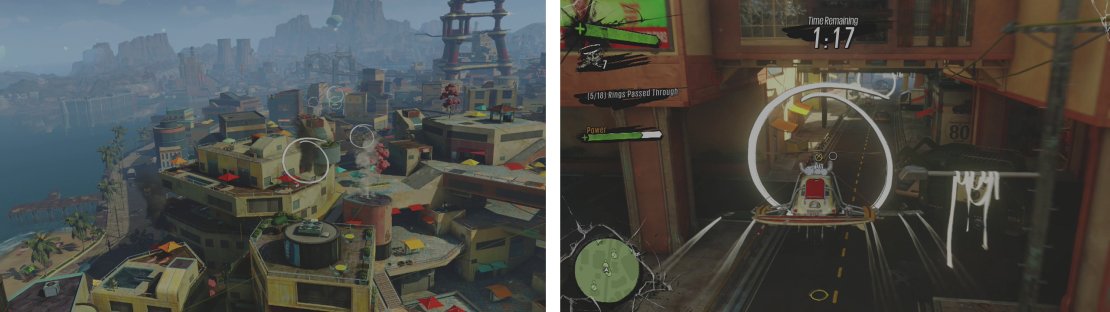 We&rsquo;ll need to fly through a series of rings (left). Watch out for the garbage truck when flying beneath the overpass (right).