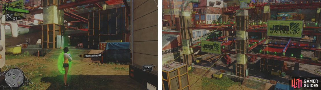 Start the challenge here (left). Work your way up the various girders and bounceables to reach the &lsquo;5&rsquo;s at the top (right).
