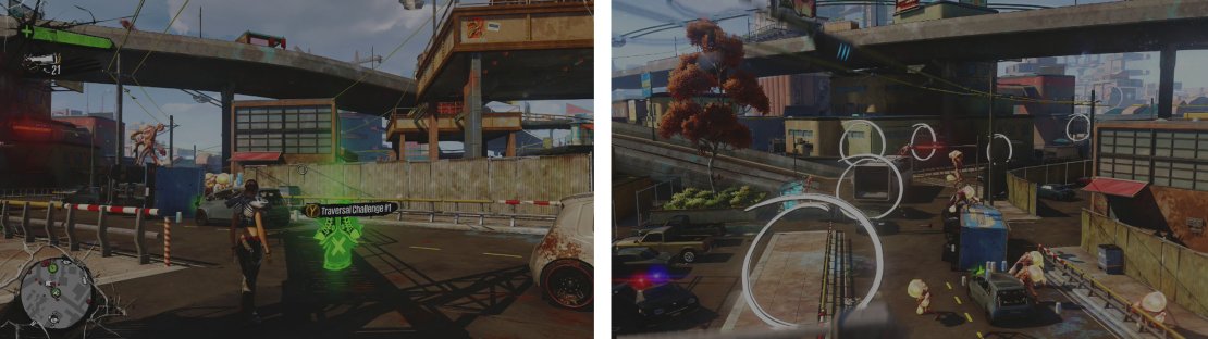 Start the challenge at the icon (left). We&rsquo;ll have to make our way through the white rings (right).