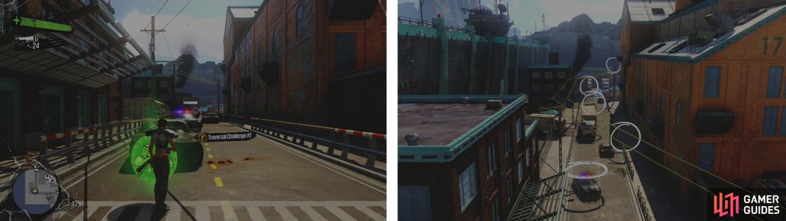 Start the challenge at the icon (left). We&rsquo;ll have to make our way through the white rings using mainly bouncing and grinding (right).