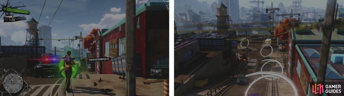 Start the challenge at the icon (left). We&rsquo;ll have to make our way through the white rings (right).