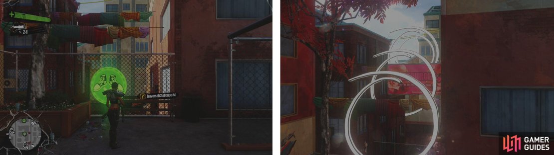 Start the challenge at the icon (left). We&rsquo;ll have to walljump our way through a set of three white rings to begin with (right).