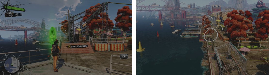 Start the challenge at the icon (left). We&rsquo;ll have to grind, bounce and swing our way along the waterfront (right).