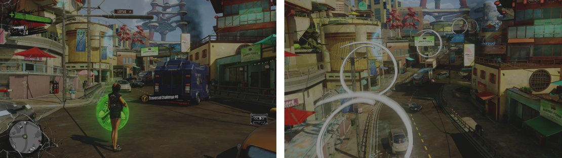 Start the challenge at the icon (left). We&rsquo;ll have to grind, swing and undergrind our way to the end (right).