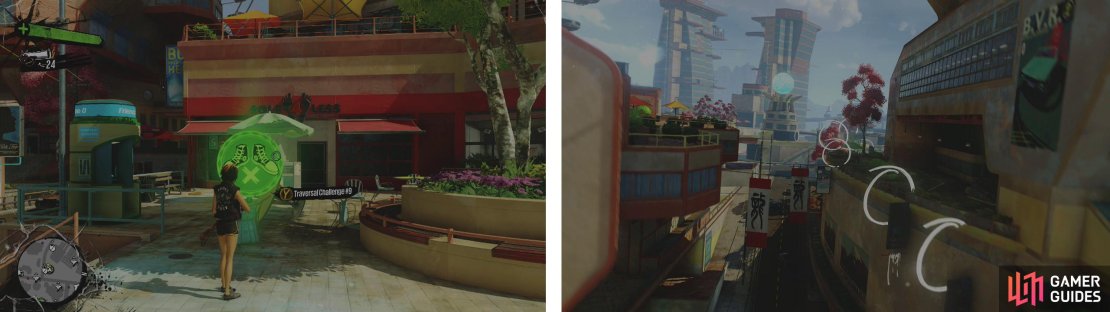Start the challenge at the icon (left). Wall running, grinding and bouncing will see you through to the end&hellip;eventually (right).
