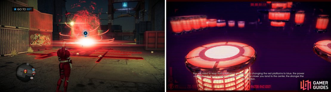 These rifts will bring you to one of three different activities, with this one being a platforming one. The closer you land to the middle of the platform, the more points you get.