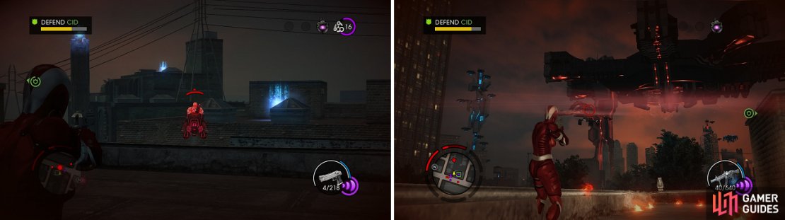 The Zin on flying vehicles are annoying (left), but the ship is definitely more dangerous (right).