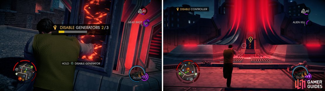 Disable the generators (left) to bring down the shield, so you can shut down the Hotspot&rsquo;s main control panel (right).