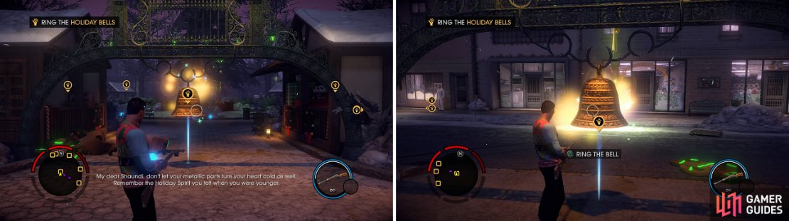You can shoot the bells to ring them or go up to them and press the button.