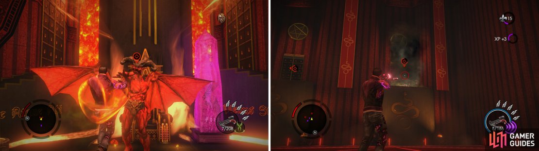 Satan&rsquo;s telekinesis grab doesn&rsquo;t seem like it can be dodged (left), so just accept it. Once you deal enough damage, he will hide amongst some clouds (right), so keep shooting them until he appears on his throne.
