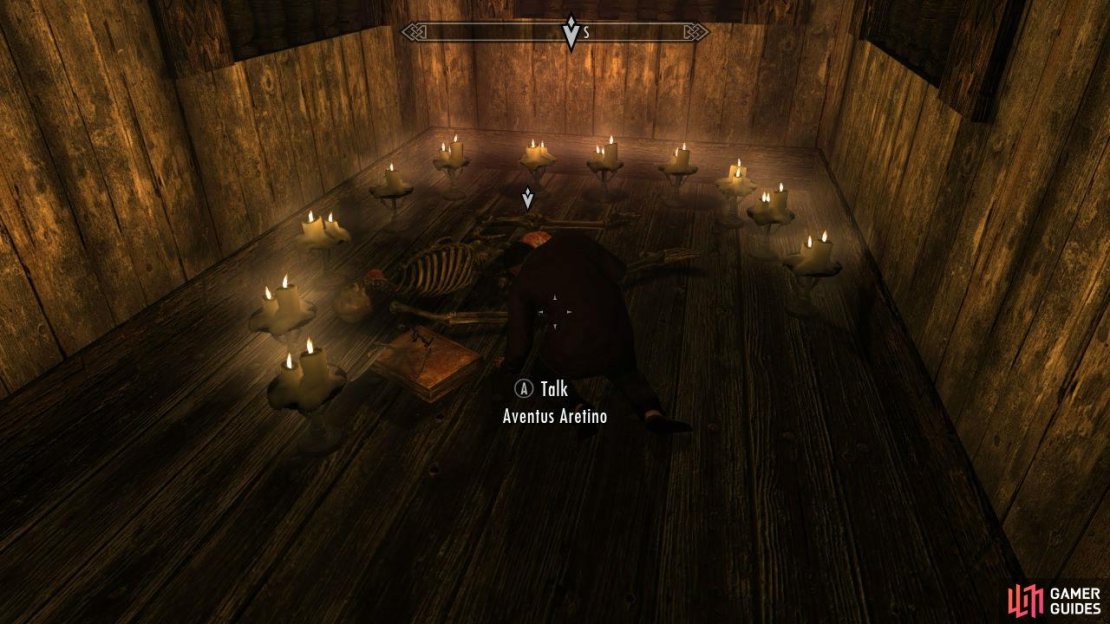 To find Aventus, head to the city of Windhelm. There follow the quest marker to find the Aretino Residence. Young Aventus is chanting the dark sacrament over and over:  &ldquo;Sweet mother, sweet mother, send your child unto me for the sins of the unworthy must be baptized in blood and fear.&rdquo;