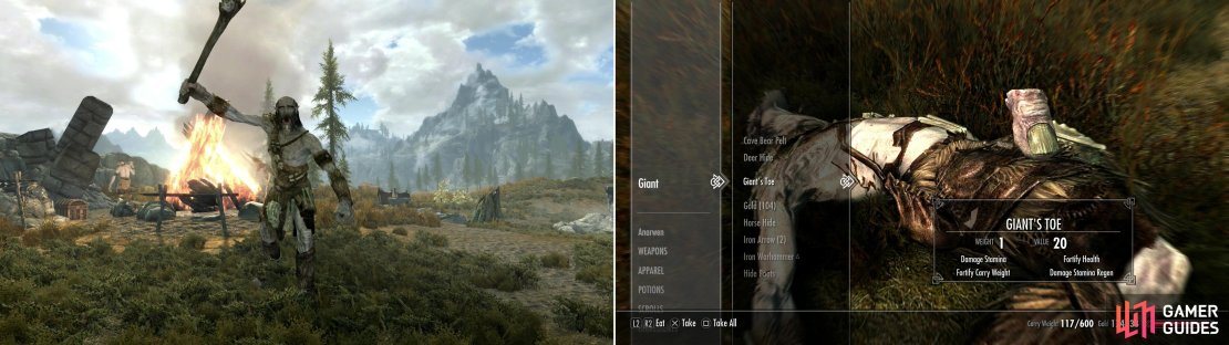 Giants are powerful, dangerous foes (left), but if you can defeat them, you&rsquo;ll be able grab a Giant&rsquo;s Toe (right), which can be used to make many lucrative concoctions.