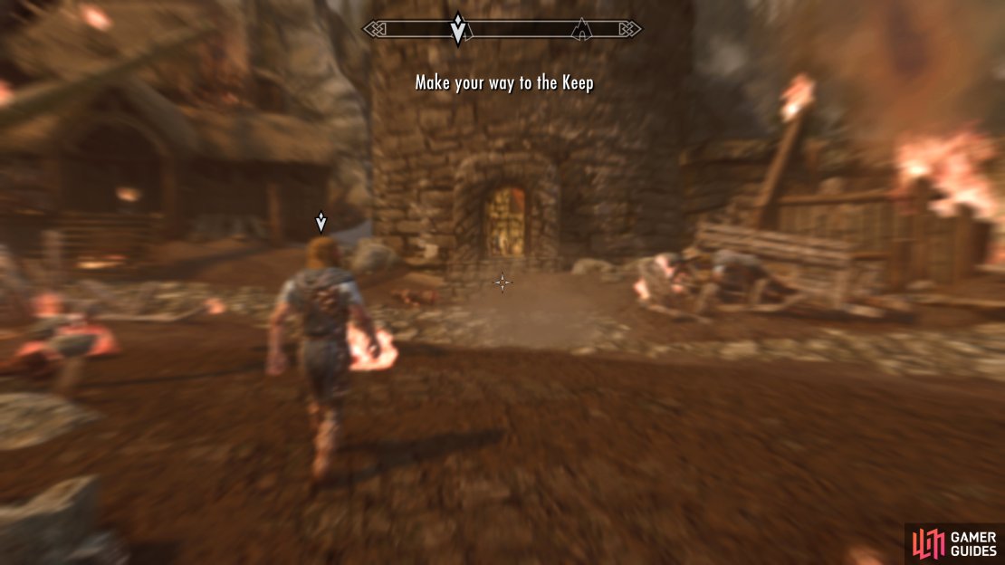 When you gain control of your character, enter the nearby keep to escape the fire.