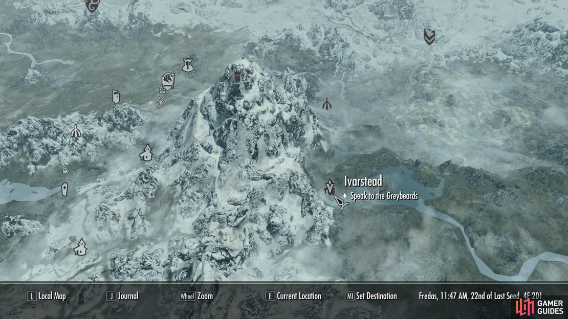 The location of Ivarstead, east of Whiterun.