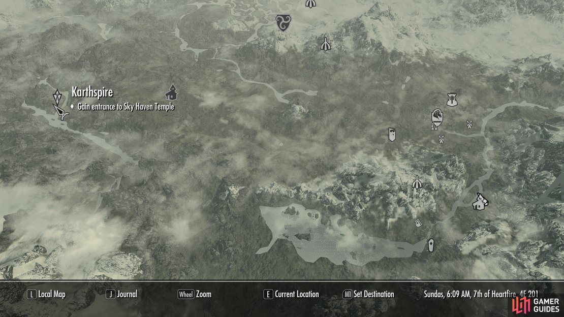 The location of Karthspire in the northwest of Skyrim.