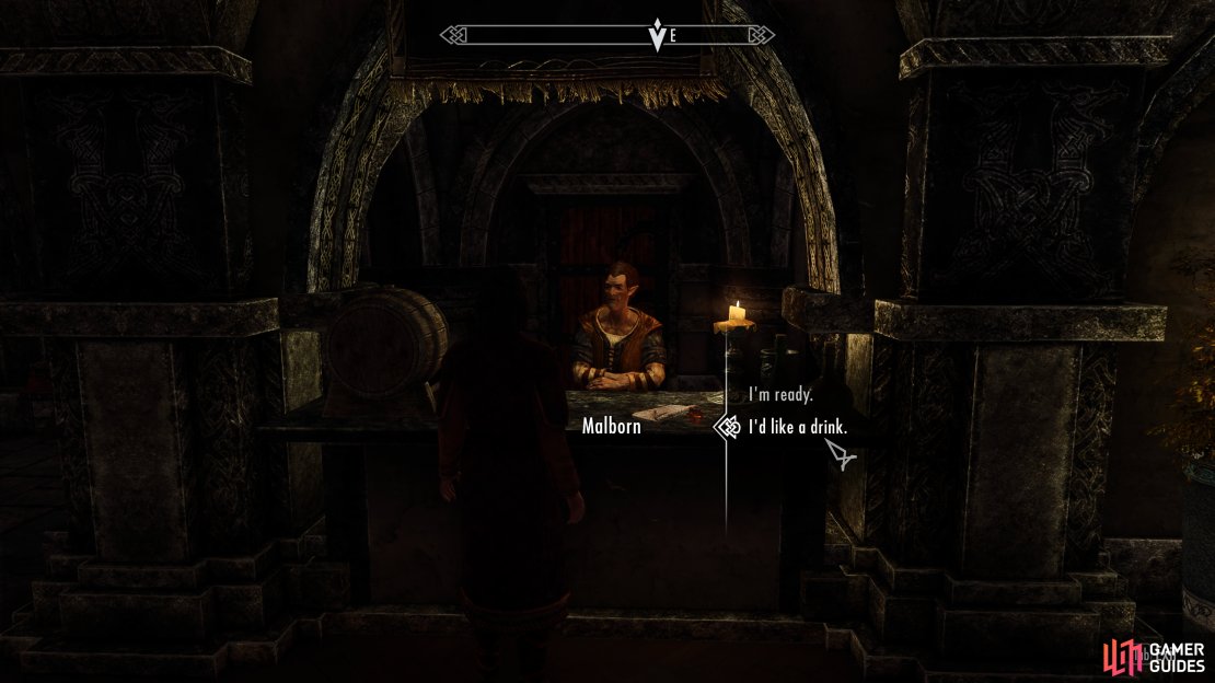 Take a drink from Malborn at the bar.