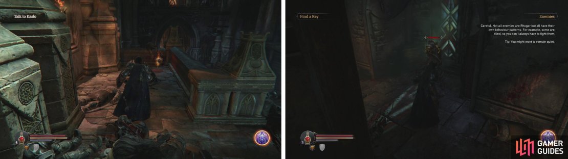 At the top of the stairs you&rsquo;ll find the first Audio Note (left). Inside the door at the base of the stairs is the first Infected (right).