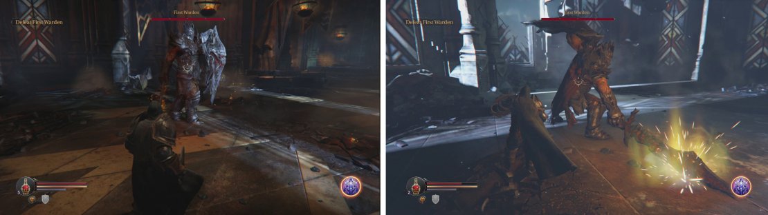The boss starts out with armour and a shield (left) but will shed them as the fight goes on. The biggest opening for an attack is right after his overhead smash (right).