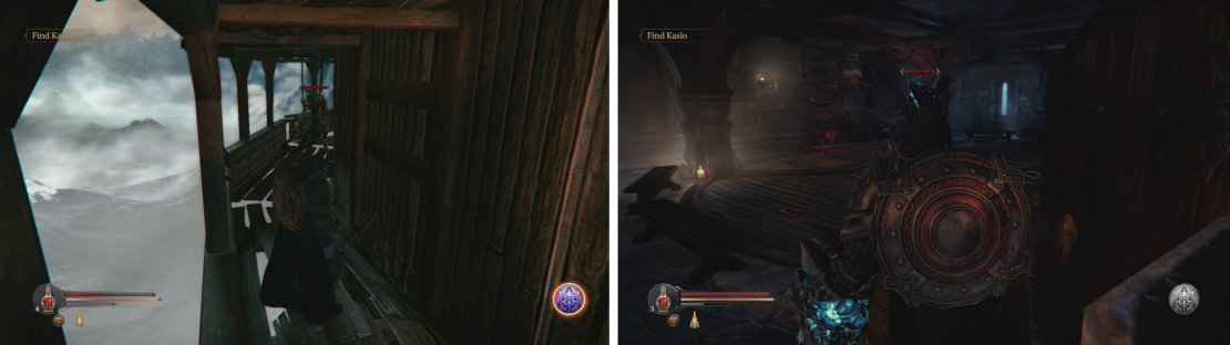 At the end of the wooden walkway loot the chest (left) before entering the North Watchtower and climbing to the top to find Yetka&rsquo;s Dagger guarded by a Maruader (right).