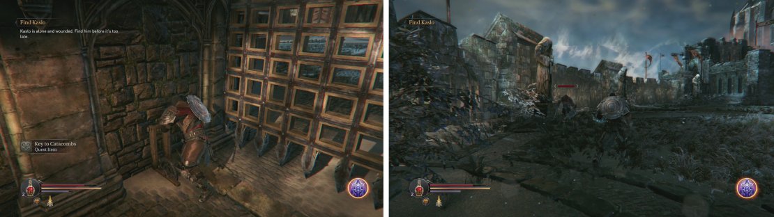 Pull the lever to open the gate (left). Enter the area and place the Shard of Heroes in your statue of choice before killing the enemies (right).