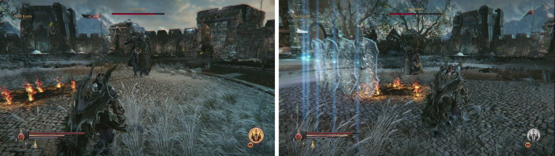 Due to his shield, the Commander cannot be tackled head on (left). The boss&rsquo;s projectile attack leaves him open for attack (right).