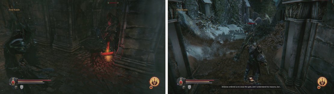 Watch out for the Rogue in the niche to the right (left) and continue down the snowy slope (right) towards the graveyard.