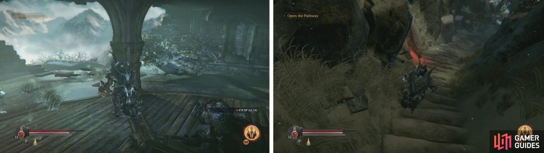 From the Burned Watchtower drop down from the broken wall to a path below (left). here you&rsquo;ll find a chest and an Audio Note (right).