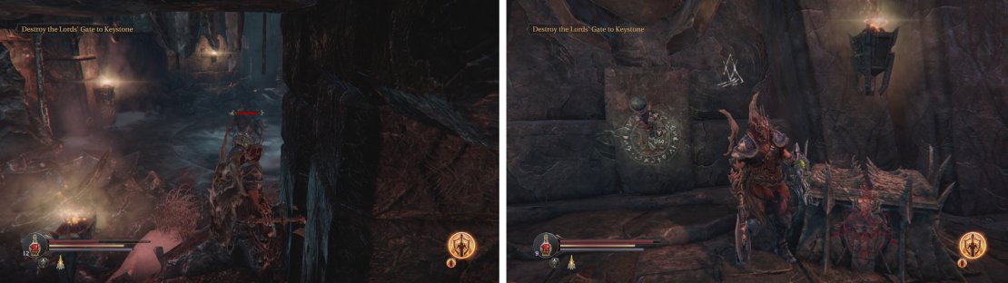 In the Western Antechamber you&rsquo;ll find your first Demon Hounds (left). Enter the door beneath the entrance to find a lever (right).