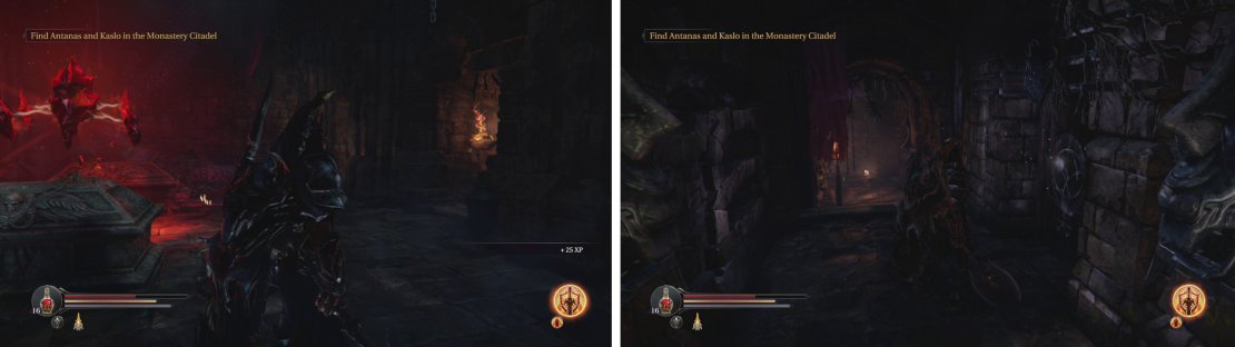 Take the tunnel in front of the Checkpoint Crystal (left) and enter the rune door to the right for a chest (right).