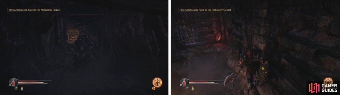 Behind the breakable barricade you’ll find a tunnel (left) with a pressure plate, secret room and two Human hearts (right).