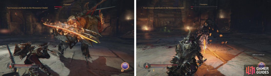 When the boss enters &lsquo;Rage Mode&rsquo; his weapons will catch alight (left). At the end of the fight, his subterranean attack will change into a spinning blade (right).