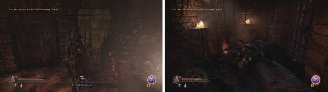 Climb the stairs to the left of the exit (left). At the top you&rsquo;ll find a shortcut to the Cell circle and an Audio Note (right).