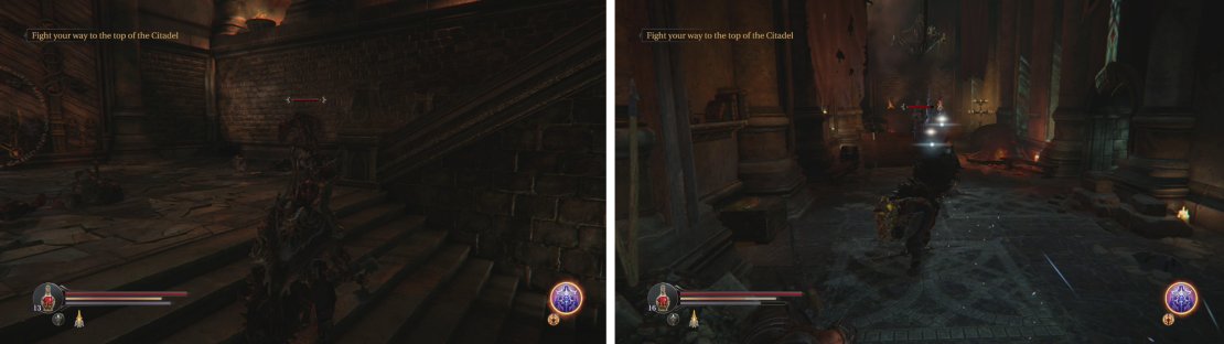 Climb up from the Flooded Hallway to reach the Citadel (left). Fight your way up the stairs and kill the Spellcaster at the end of the hallway (right).