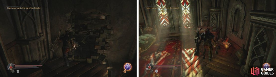 Look in the right hand room for a breakable wall containing a chest (left) and in the left you&rsquo;ll find an Audio Note (right).