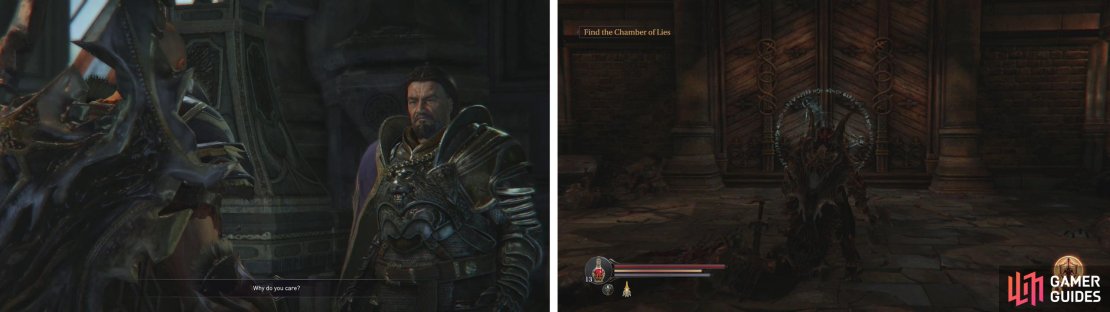 As you head back down the stairs, speak with the Captain for a side-quest (left). Proceed to the main doors and use the Gauntlet to remove the glyph (right).