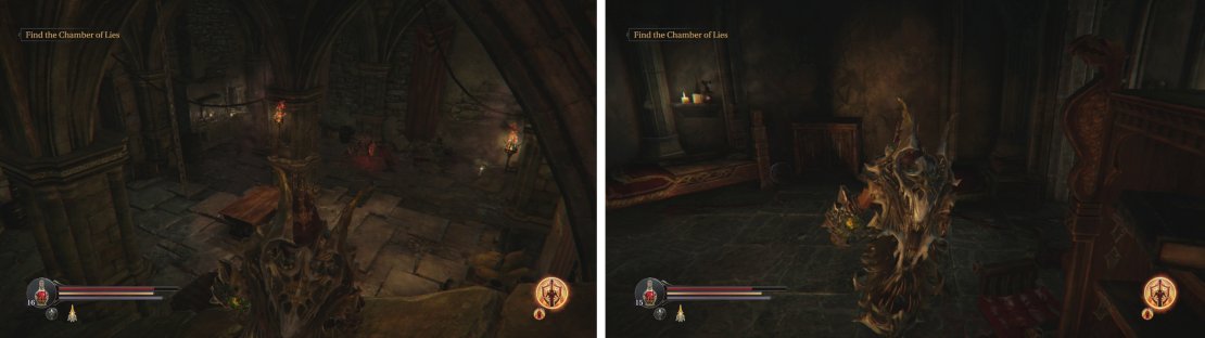 The Curse Sword is in the Old Quarters (left) guarded by a rogue and a Crossbowman. This wall can be broken (right), the pressure plate in the previous room will open the door inside.