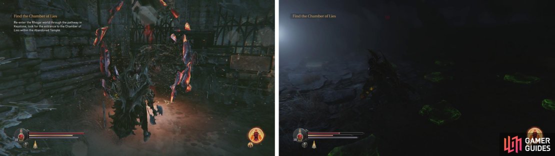 Enter Loot Crystal #6 (left) by the portal to the Rhogar Temple. Inside, follow the light and avoid the green tiles (right).