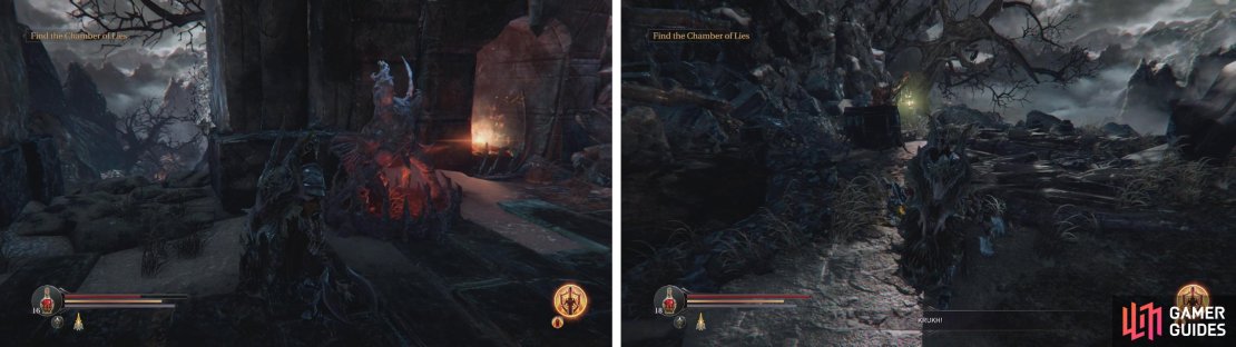 Continue down the snowy path to the Abandoned Range (left). You&rsquo;ll find the Crippled Rhogar by the entrance to the temple (right).